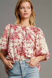 Umgee Floral Pleated Detail Lace Trim Sleeve Blouse Pink Mix S