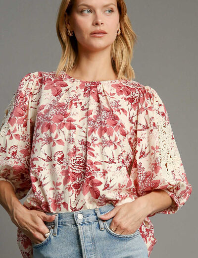 Umgee Floral Pleated Detail Lace Trim Sleeve Blouse Pink Mix S