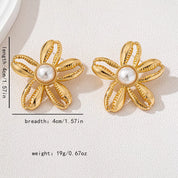 18K Gold-Plated Gold Flower Synthetic Pearl Stud Earrings | Earrings Daverri Fashions