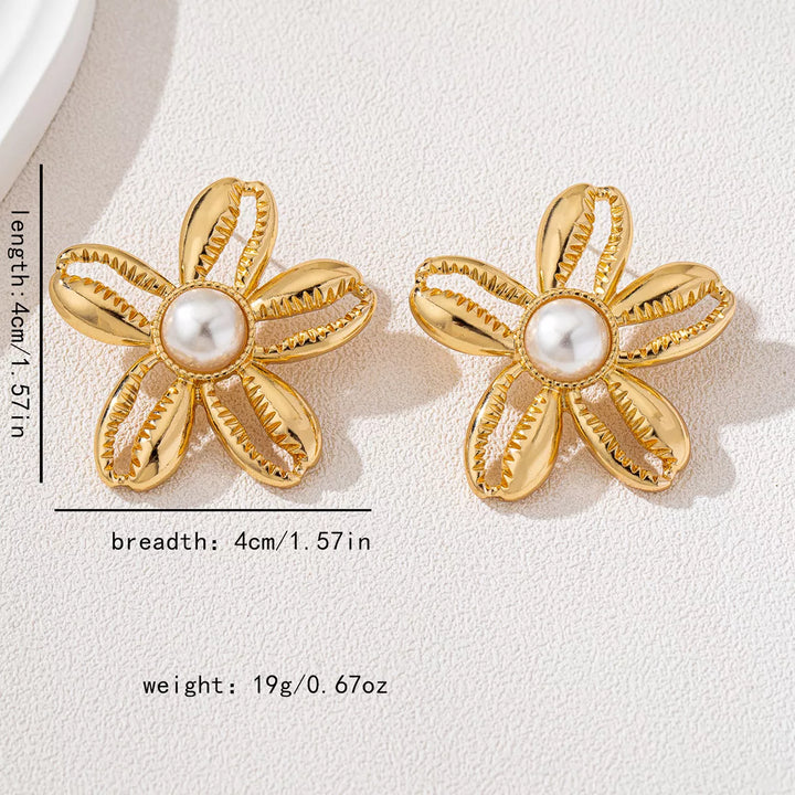 18K Gold-Plated Gold Flower Synthetic Pearl Stud Earrings | Earrings Daverri Fashions