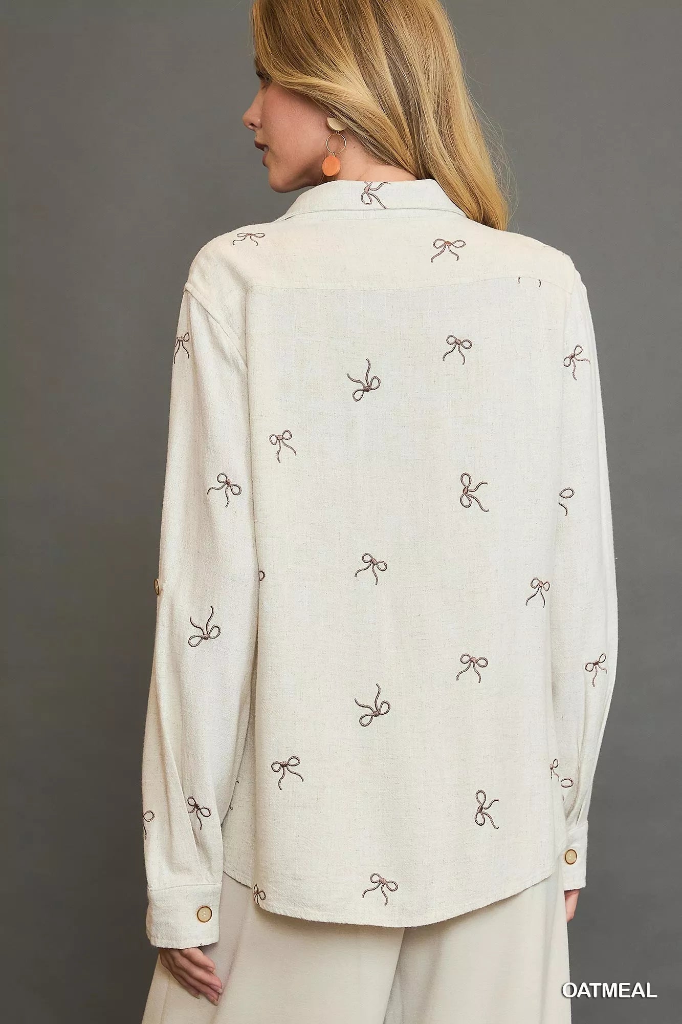 Umgee Linen Blend Fitted Shirt with Ribbon Embroidery Details | Shirts Daverri Fashions