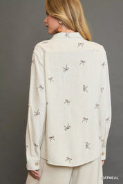 Umgee Linen Blend Fitted Shirt with Ribbon Embroidery Details | Shirts Daverri Fashions