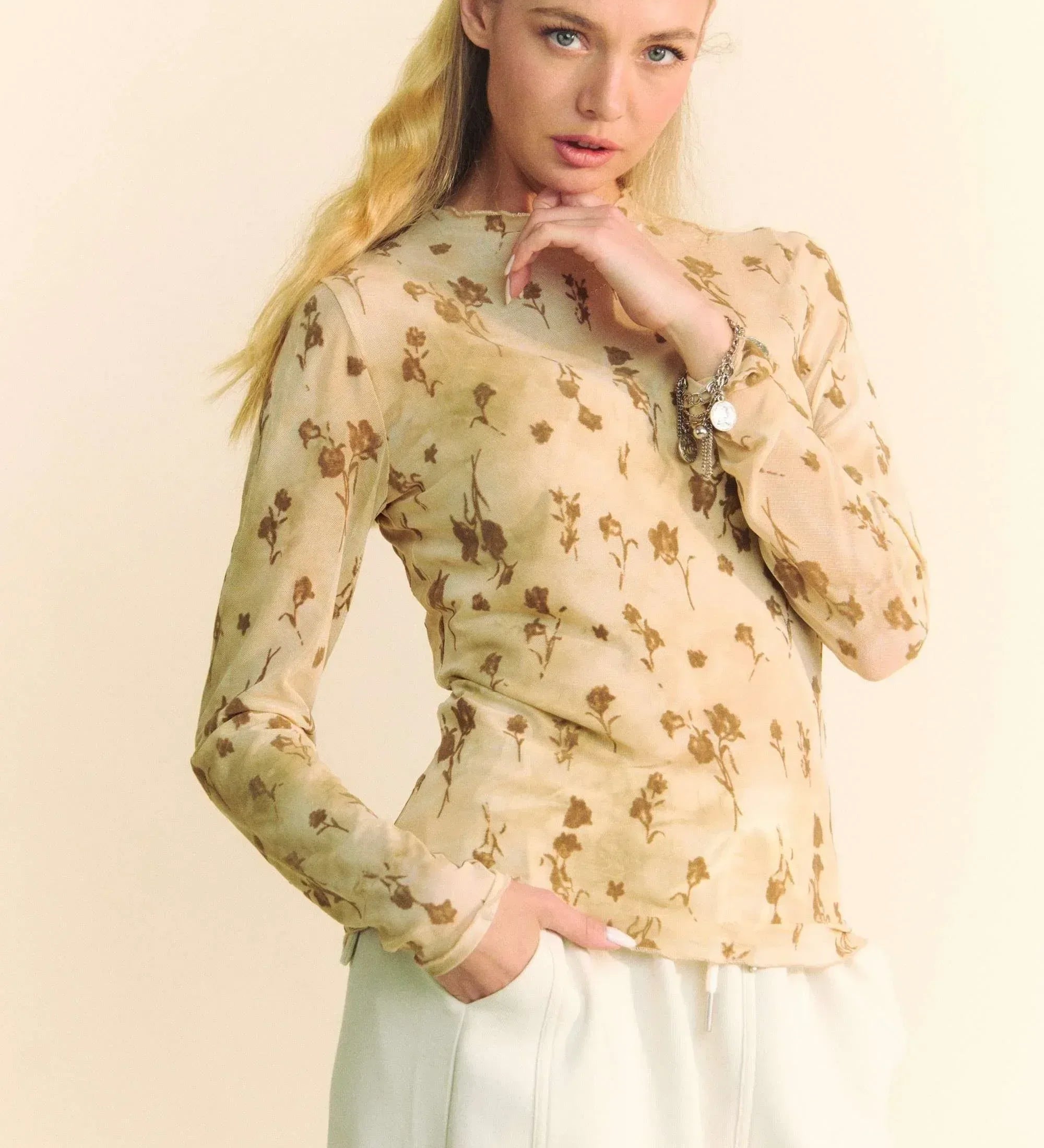 Davi & Dani Floral Mesh Long Sleeve Sheer Layering Top - DAVERRI FASHIONS