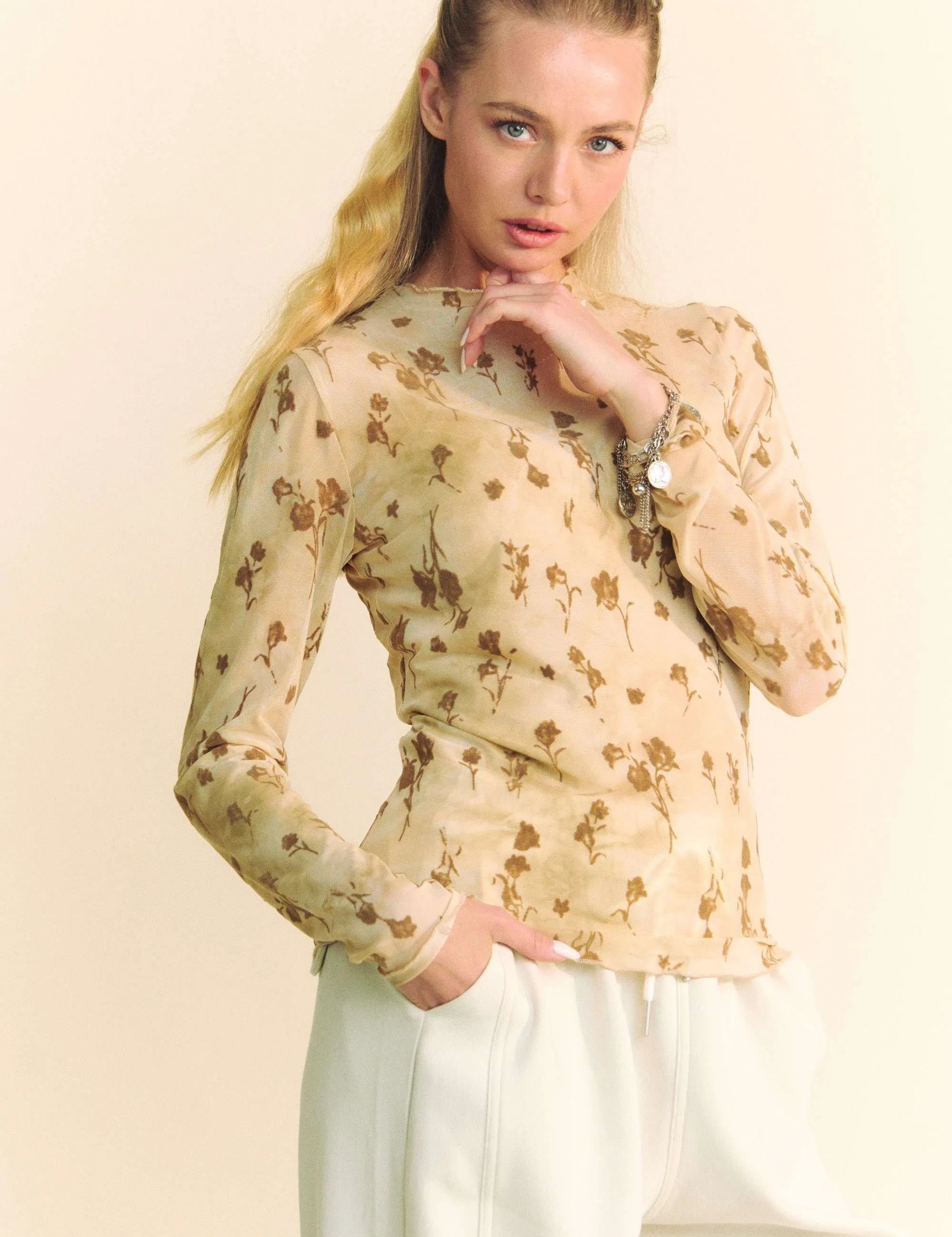 CREAM LATTE Davi & Dani Floral Mesh Long Sleeve Sheer Layering Top | Tops Daverri Fashions