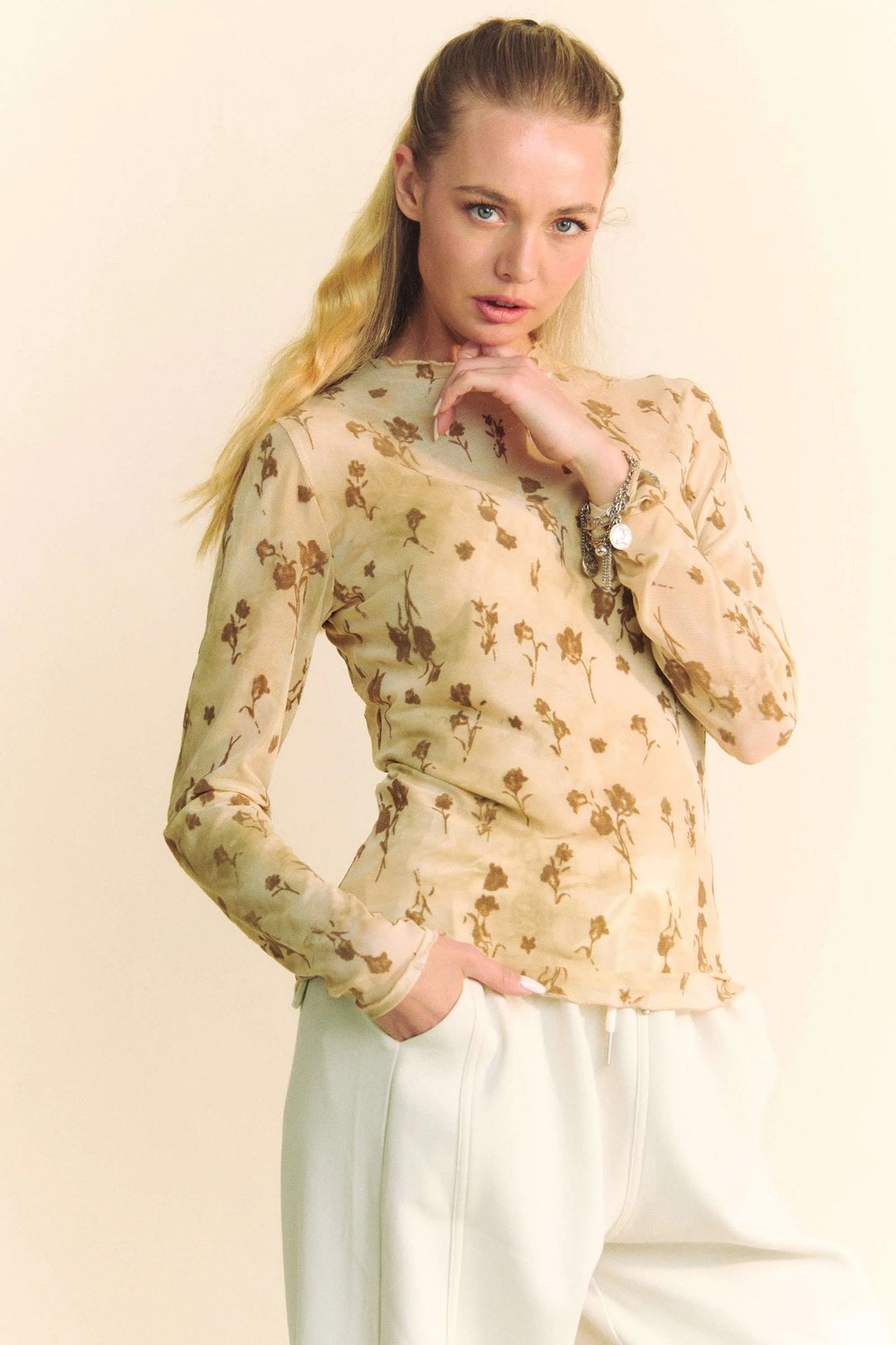 Davi & Dani Floral Mesh Long Sleeve Sheer Layering Top CREAM LATTE Tops