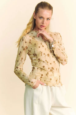 Davi & Dani Floral Mesh Long Sleeve Sheer Layering Top - DAVERRI FASHIONS