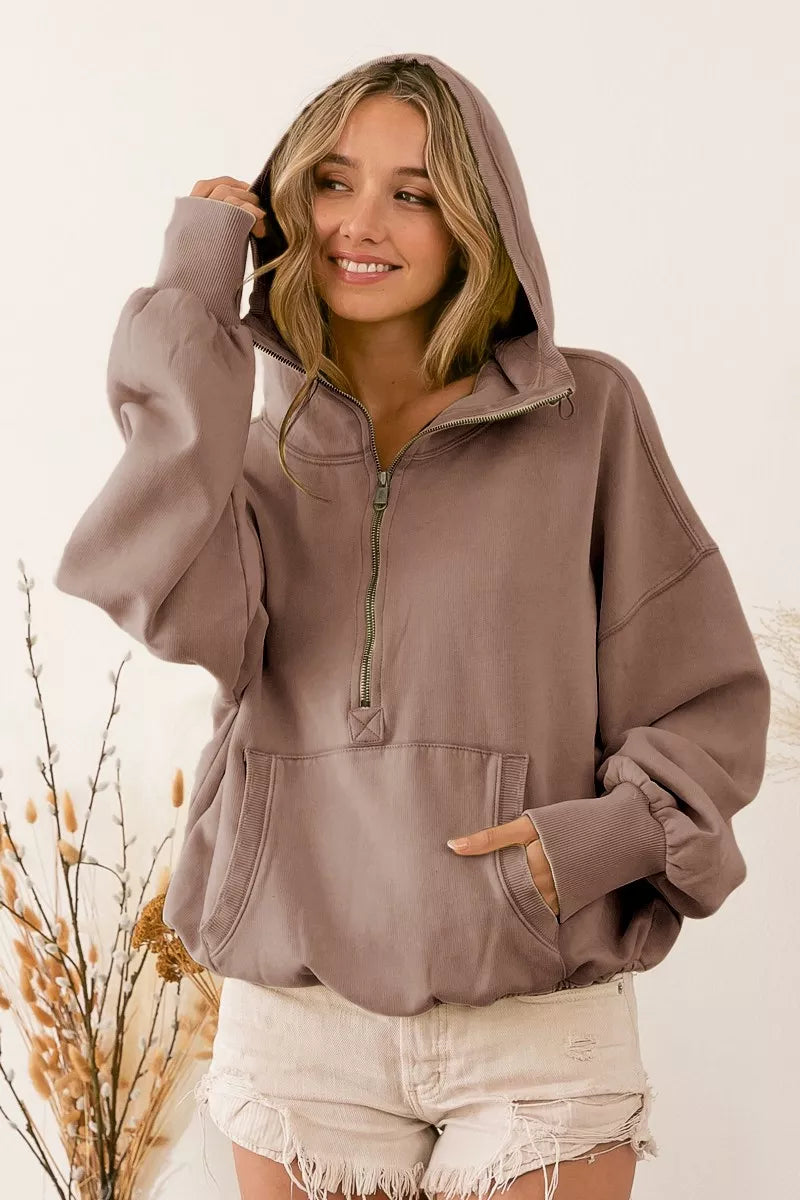 BiBi Stitch Detailed Elastic Hem Half Zip Fleece Hoodie Mocha | Hoodies Daverri Fashions