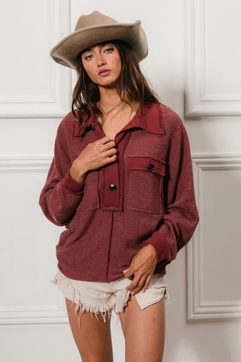 BiBi Cp French Terry Cut Edge Detail Collared Top | Tops Daverri Fashions