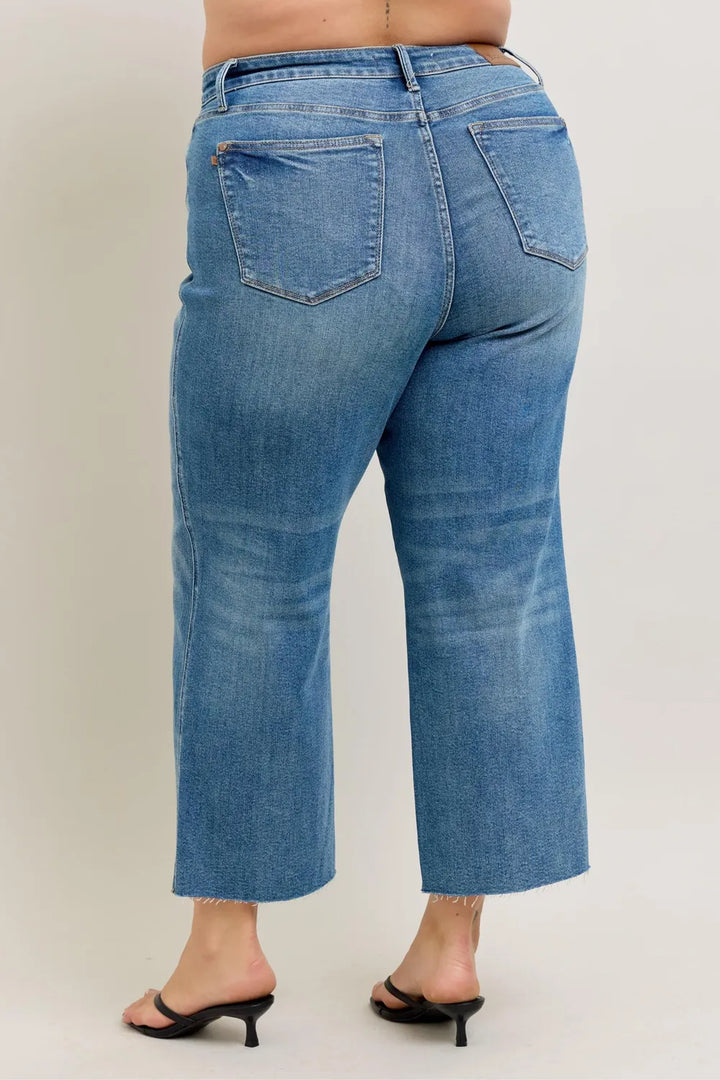Judy Blue Plus Size High Waist Rigid Magic Destroy Hem Crop Wide Jeans