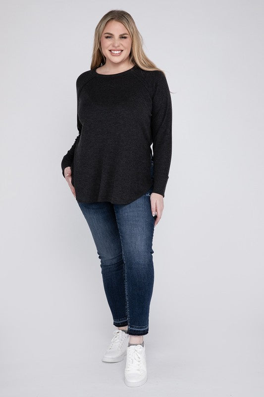 Plus Melange Baby Waffle Long Sleeve Top Plus Tops