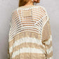 Beige and cream striped knit sweater with openwork crochet panels