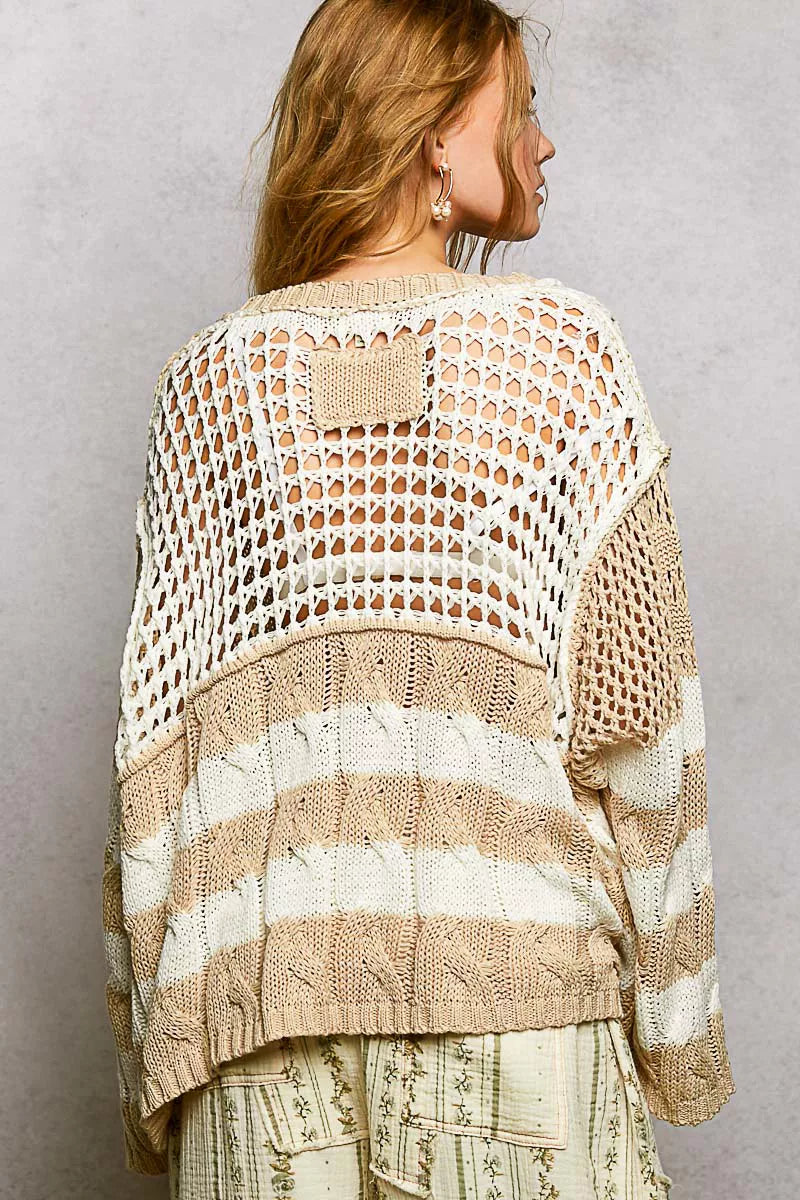 Beige and cream striped knit sweater with openwork crochet panels