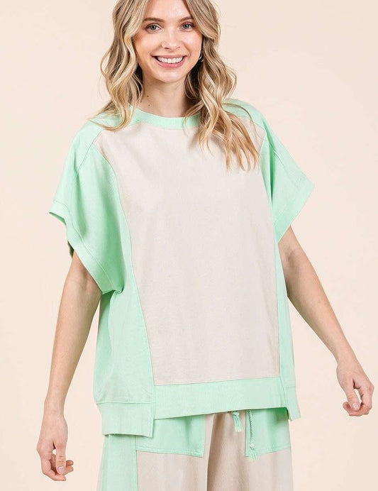 Mittoshop Oversized Color Block Short Sleeve T-Shirt Natural Mint