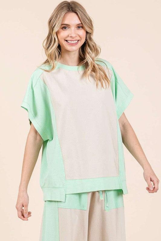 Mittoshop Oversized Color Block Short Sleeve T-Shirt Natural Mint T-Shirts