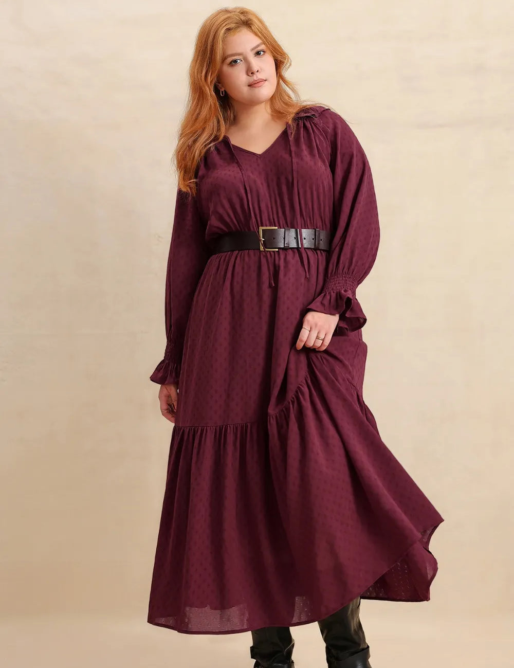 Burgundy Plus Size Swiss Dot Tie Neck Flounce Sleeve Maxi Dress | Maxi Dresses Daverri Fashions
