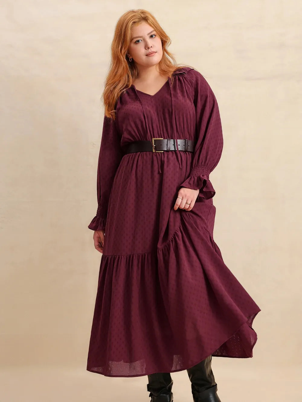 Burgundy Plus Size Swiss Dot Tie Neck Flounce Sleeve Maxi Dress | Maxi Dresses Daverri Fashions