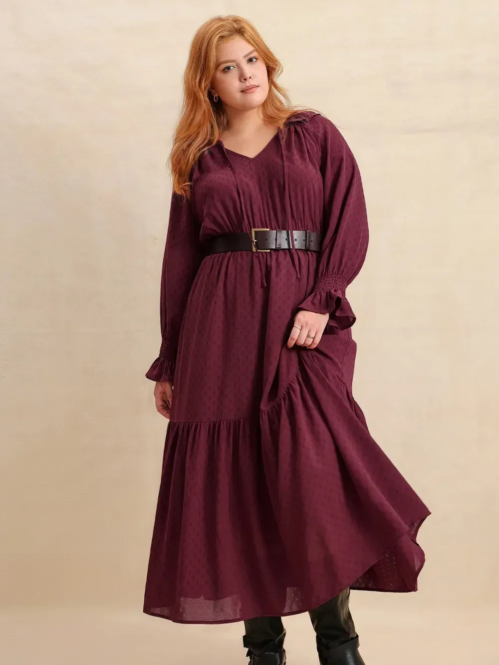Plus Size Swiss Dot Tie Neck Flounce Sleeve Maxi Dress - DAVERRI FASHIONS