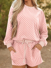 Pink Checkerboard Long Sleeve Pullover and Shorts Set