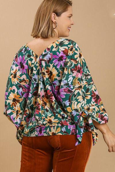 Umgee Full Size Floral V-Neck Tie Sleeve Blouse Plus Size Blouses