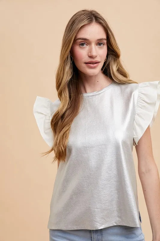 Annie Wear Mix Media Metallic Knit Ruffle Sleeve Top