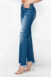 bytos Full Size Raw Hem Distressed Mid Rise Straight Jeans | Jeans Daverri Fashions