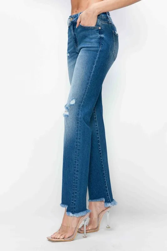 bytos Full Size Raw Hem Distressed Mid Rise Straight Jeans | Jeans Daverri Fashions