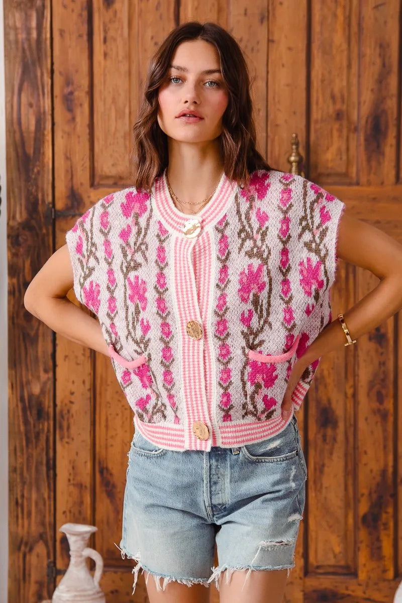 SO ME Button Front Floral and Stripe Knitted Sweater Vest PINK COMBO