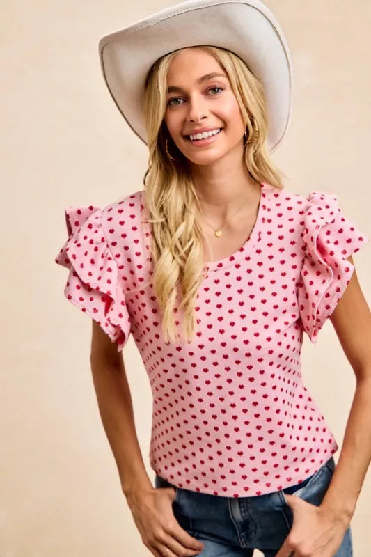 Pink polka-dot BiBi heart patterned knit ruffled sleeves blouse