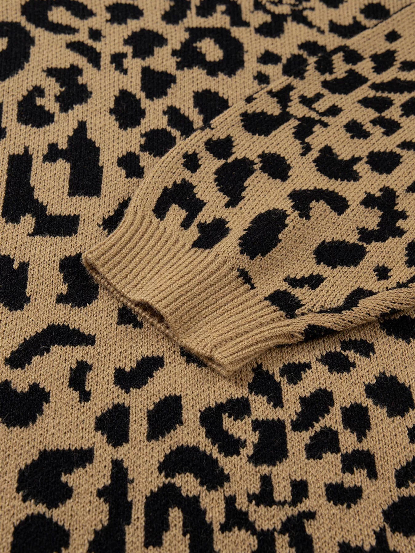 Ribbed Trim Round Neck Leopard Drop Shoulder Sweater | Sweaters Daverri Fashions