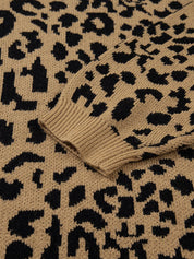 Ribbed Trim Round Neck Leopard Drop Shoulder Sweater | Sweaters Daverri Fashions