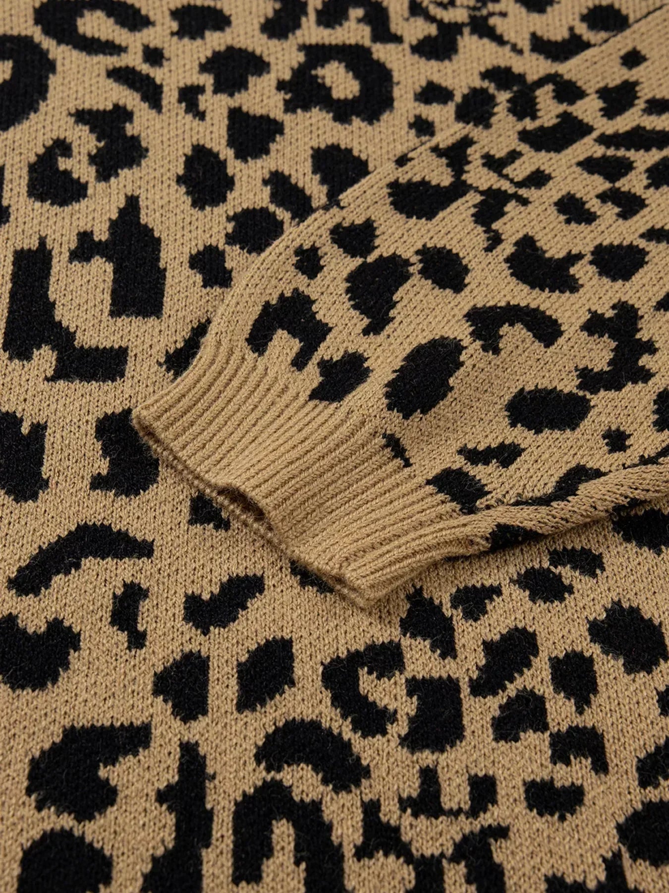 Ribbed Trim Round Neck Leopard Drop Shoulder Sweater - DAVERRI FASHIONS