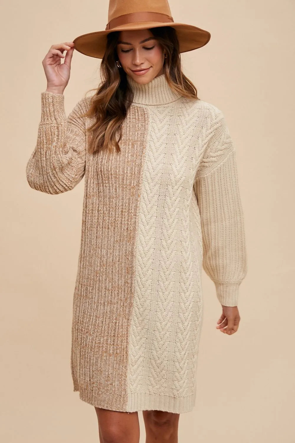 Annie Wear Color Block Turtleneck Sweater Dress Knee Length Dresses
