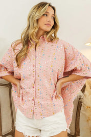 BiBi Sequin Striped Short Dolman Sleeve Blouse | Daverri Fashions