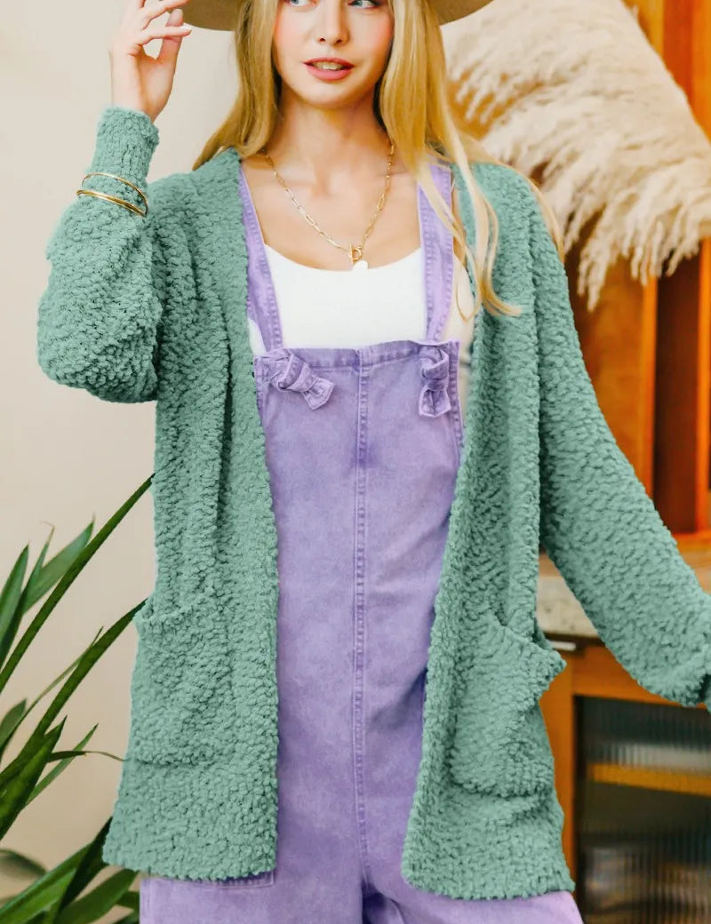 ASH JADE Zenana Long Sleeve Popcorn Sweater Cardigan with Pockets | Sweaters Daverri Fashions