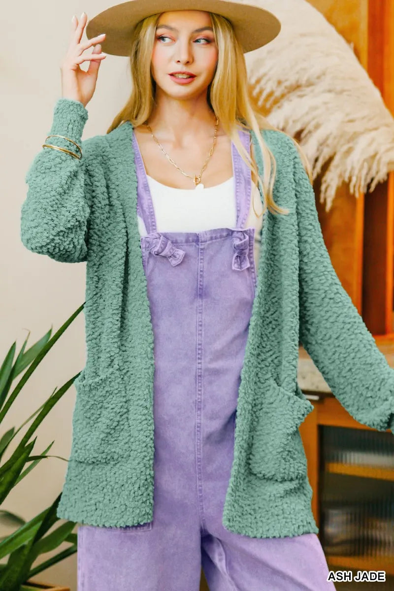 Zenana Long Sleeve Popcorn Sweater Cardigan with Pockets ASH JADE