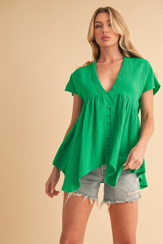 Aemi + Co Tuck Detail V-Neck Short Sleeve Blouse