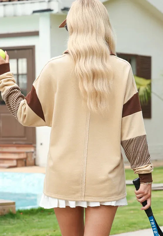 Daverri Fashions Color Block Johnny Collar Long Sleeve Sweatshirt - DAVERRI FASHIONS