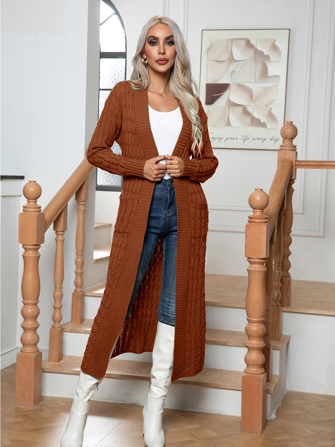 Cable-Knit Open Front Cardigan with Pockets | Daverri Fashions