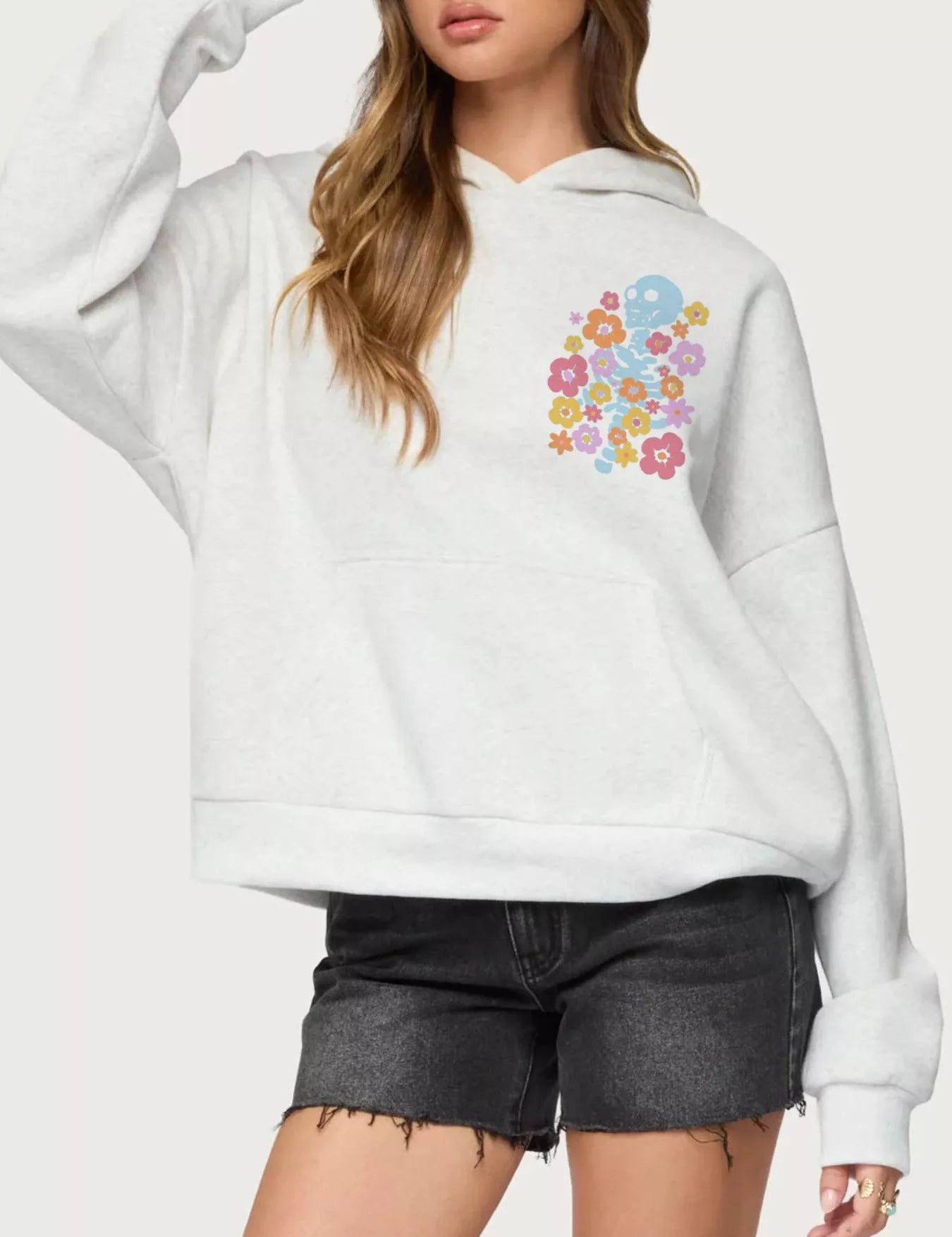 Flower Drop Shoulder Graphic Hoodie with Kangaroo Pocket | Hoodies Daverri Fashions