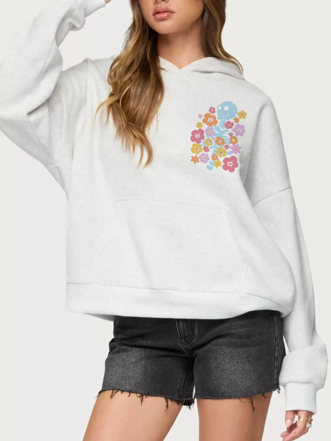 Flower Drop Shoulder Graphic Hoodie with Kangaroo Pocket | Hoodies Daverri Fashions
