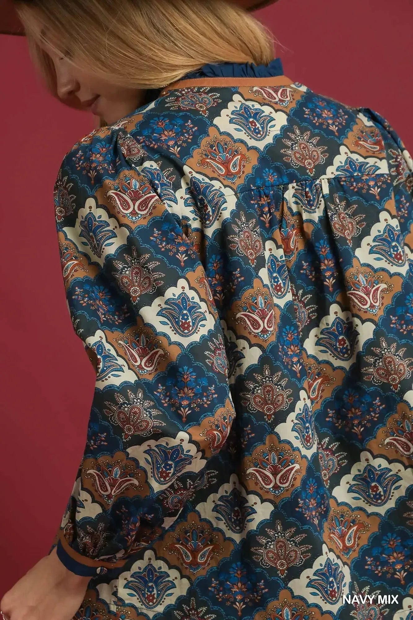 Umgee Abstract Print Ruffle Neck Top - DAVERRI FASHIONS