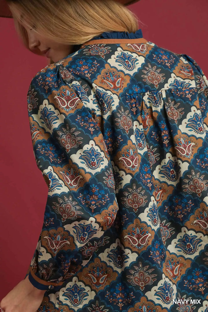 Umgee Abstract Print Ruffle Neck Top | Blouses Daverri Fashions
