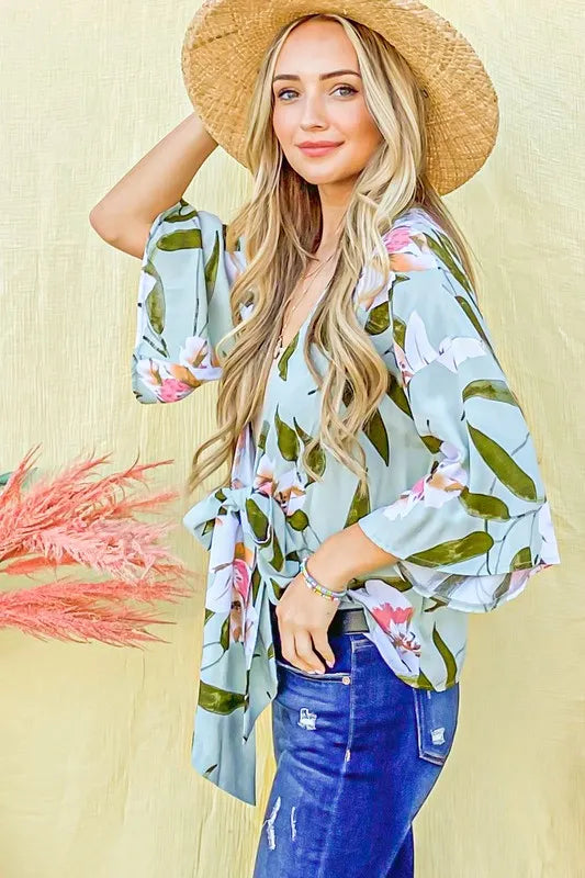 And The Why Front Tie Knot Floral Print Top