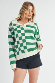 Aemi + Co Striped & Checkered Drop Shoulder Sweater Green White