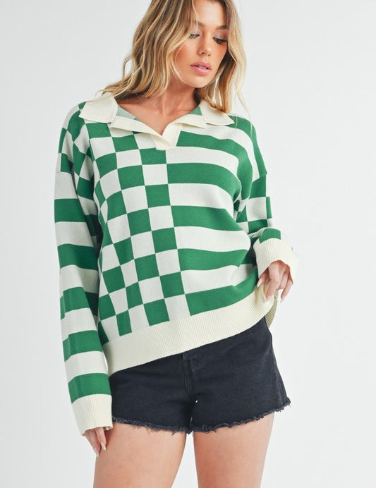 Aemi + Co Striped & Checkered Drop Shoulder Sweater Green White