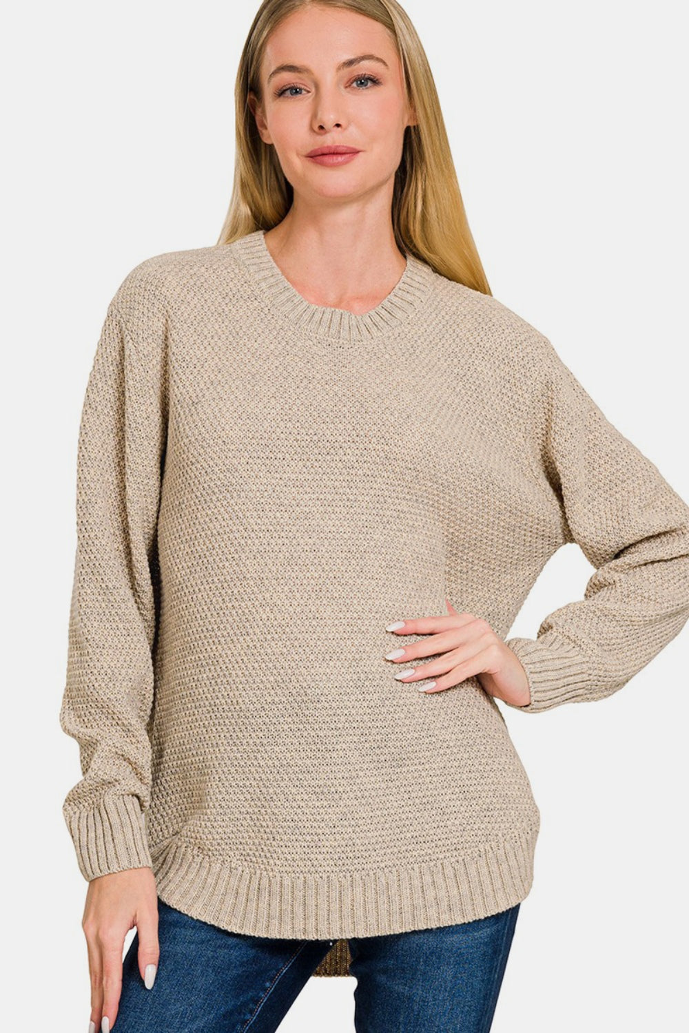 Round Neck Long Sleeve Curved Hem Sweater Tops