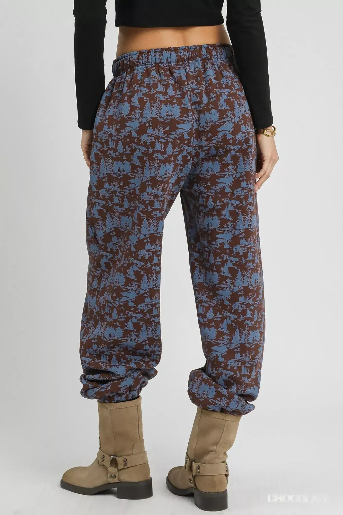 Umgee Scenic Print Casual Sweatpants Chocolate - DAVERRI FASHIONS