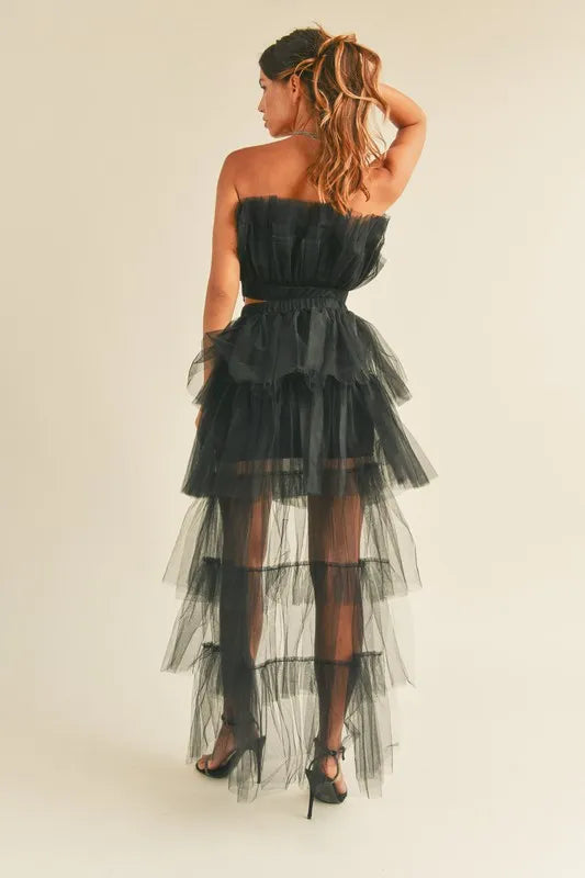 MABLE Tulle Tube Ruffle Crop Top and High Low Maxi Skirt Set Skirt Sets
