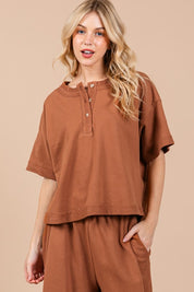 Ces Femme Half Button Half Sleeve Top and Pants Set Caramel