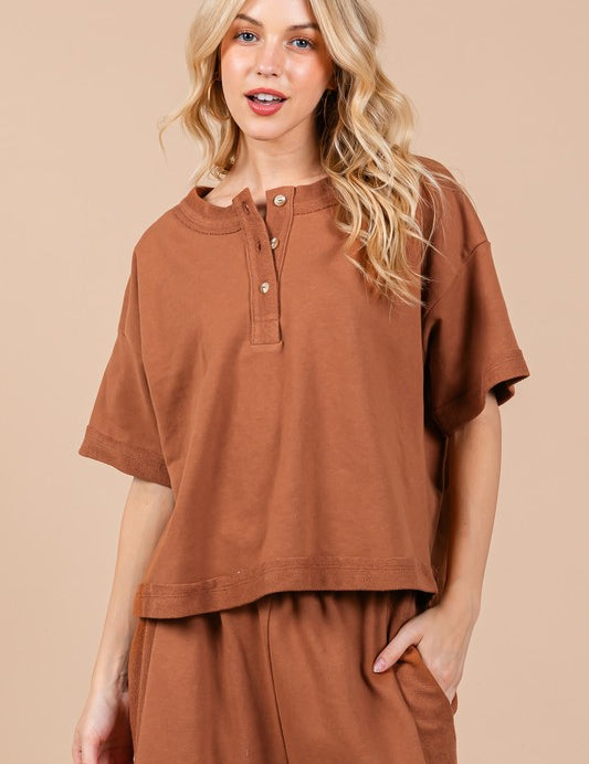 Ces Femme Half Button Half Sleeve Top and Pants Set Caramel